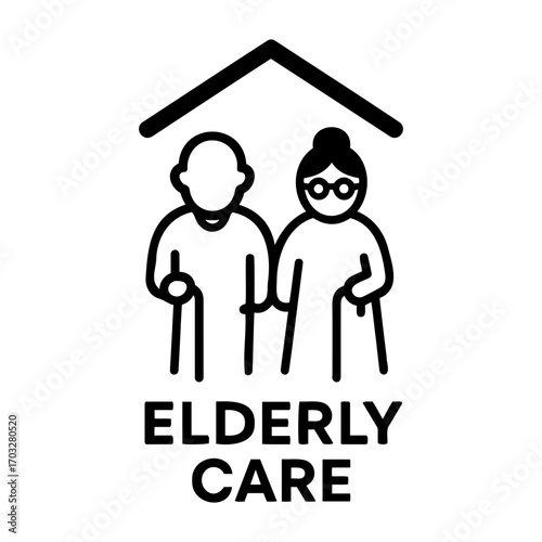 Vector illustration of elderly couple with walking sticks under a roof representing care home