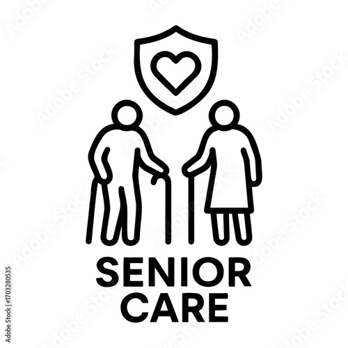 Vector illustration of elderly couple with walking sticks under a heart protected shield icon