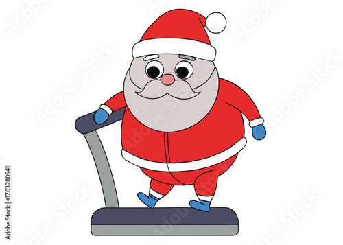 Funny santa claus exercising on treadmill trying to lose weight for christmas holiday vector