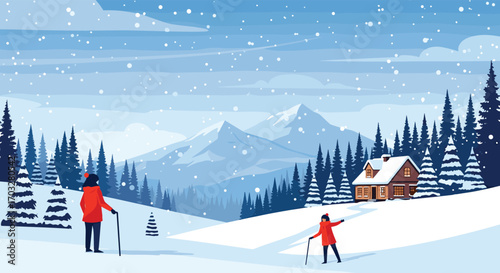 Winter mountain landscape with skiing family and cozy cabin under falling snowflakes