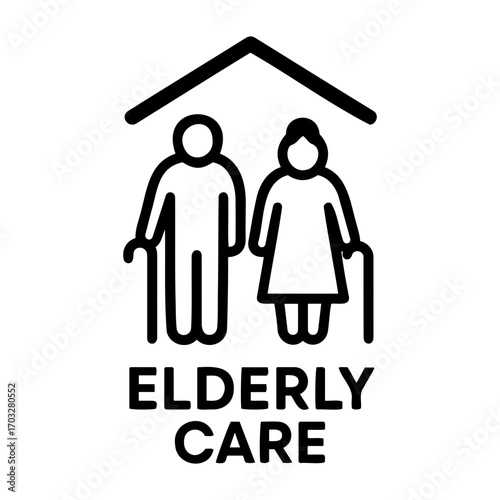 Vector iconic representation of elderly care with a man and woman under a roof outline art