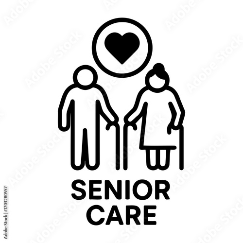 Vector illustration of elderly couple holding hands with heart above them representing senior care