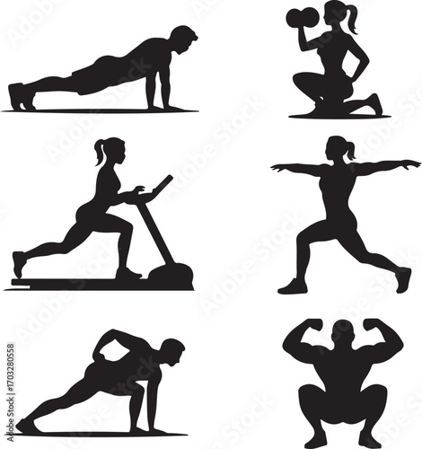 Collection of Silhouettes Depicting Various Fitness Activities Keywords: fitness, exercise, workout
