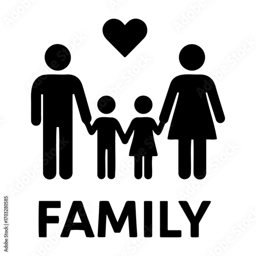 Vector illustration of a family with two children holding hands under a heart symbol above them