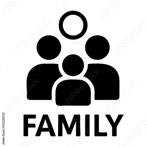 Vector illustration of a family group with parent figures and a child, plus a circle above