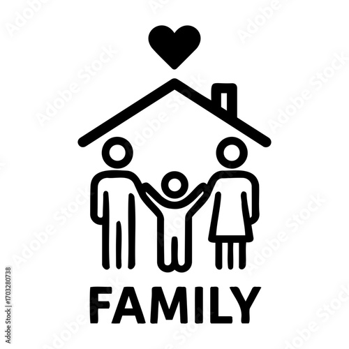Vector illustration of a family under a house roof with a heart above, representing love and home