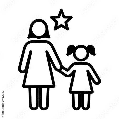 Vector illustration of a mother and child holding hands with a star above them in black and white