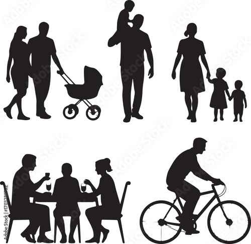 Silhouettes of Families and People Enjoying Leisure Activities Keywords: family, people, silhouette