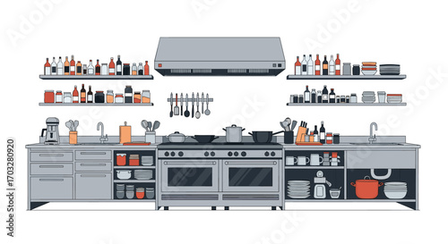 Professional commercial kitchen equipment layout with abundant storage and cooking appliances for culinary professionals