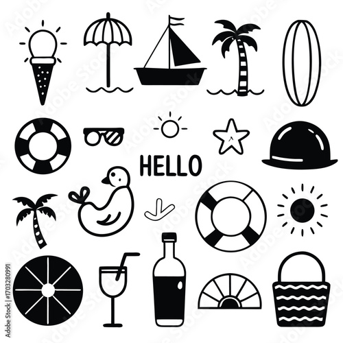 Line art icon set vector design, cat, horse, tree, plan, human organ and summer icon 