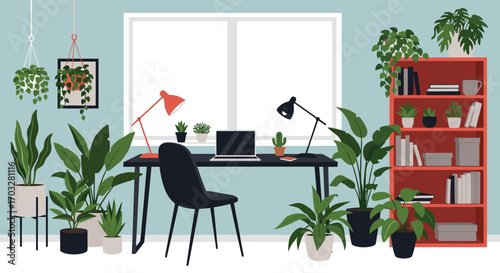 Serene home office oasis filled with lush greenery and natural light perfect for productivity and relaxation