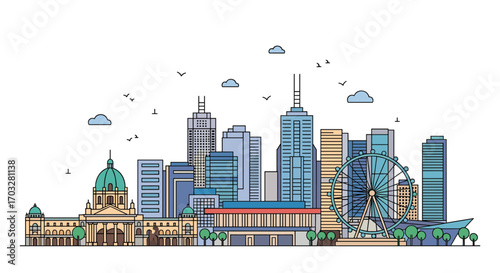 A vibrant cityscape illustration featuring a collection of modern and historic architectural structures under a bright sky
