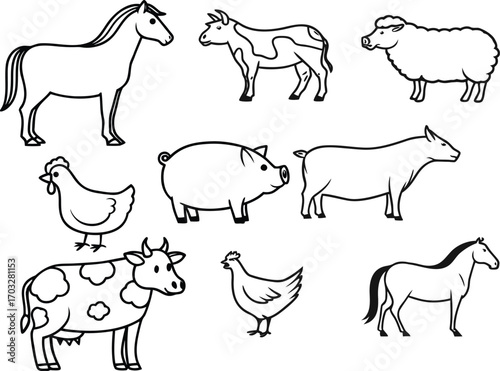 Line art icon set vector design, cat, horse, tree, plan, human organ and summer icon 