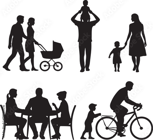 Diverse family and people silhouettes engaged in various activities Keywords: family, people