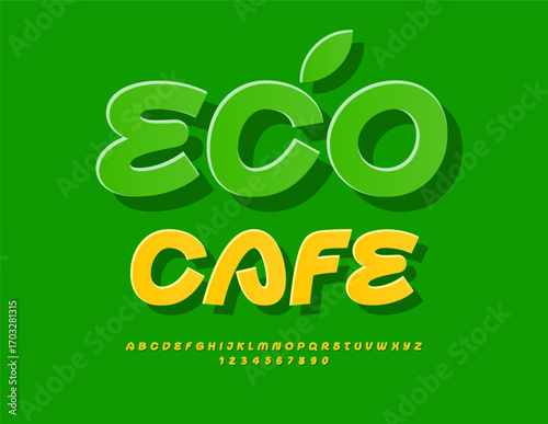 Vector Fresh concept Eco Cafe. Unique Creative Font. Handwritten Alphabet Letters and Numbers set.