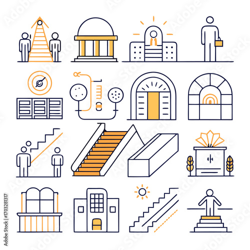 Line art icon set vector design, cat, horse, tree, plan, human organ and summer icon 