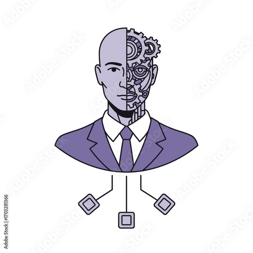 Half human half robot head with gears and connections