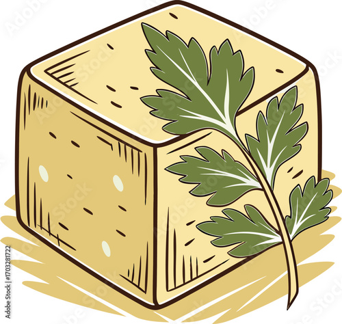 Vector art of a cube of tofu with a sprig of parsley, isolated on a