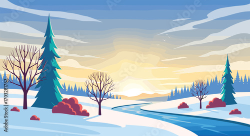 Pixel art winter landscape with a winding river and a golden sunrise over snow covered hills and pine trees
