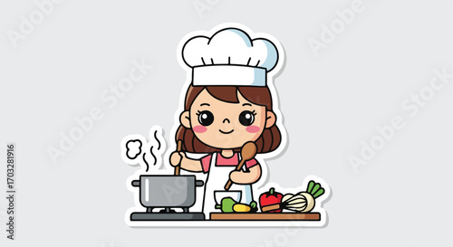 Adorable cartoon girl chef expertly preparing fresh ingredients, stirring a pot, ready to whisk and create a delightful culinary masterpiece