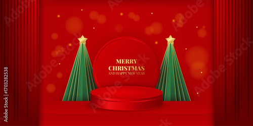 Merry Christmas horizontal banner with podium, curtains, green Christmas trees. Red and gold colors. Vector illustration for presentations and seasonal promotions