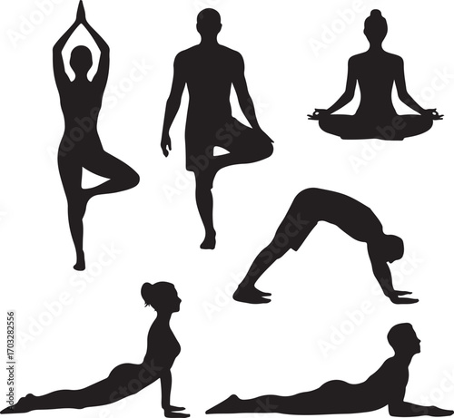 Yoga Poses Silhouettes Tree Pose Meditation Downward Dog Cobra Pose Keywords: yoga, silhouette