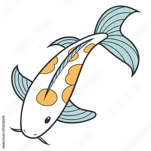 Vector art of a stylized illustration of a white koi fish with orange spots and blue fins, isolated on a
