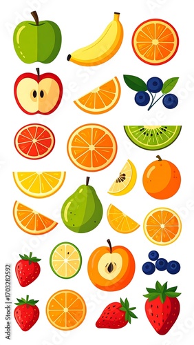 Colorful fruit slices and whole fruits