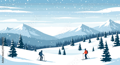 Winter mountain landscape with skiers enjoying the snowfall and vast snowy peaks in the background