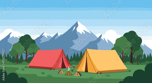 Beautiful mountain landscape with two tents set up for camping adventure surrounded by green trees and clear blue sky