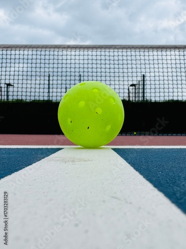 Pickleball ball close up on the hard surface by the net.  Yellow perforated, hollow plastic ball for pickleball sport 