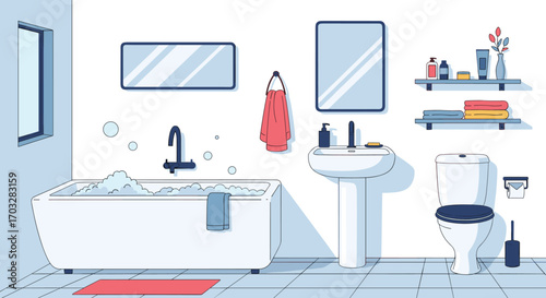 Modern bathroom interior design with bathtub sink toilet and shelves displaying toiletries and decor
