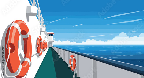 A majestic cruise ship sails across a vast ocean under a bright blue sky