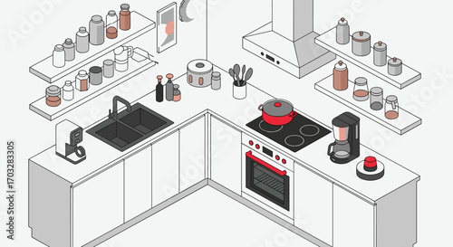 Cozy modern kitchen interior design with essential appliances and utensils for everyday cooking and meal preparation
