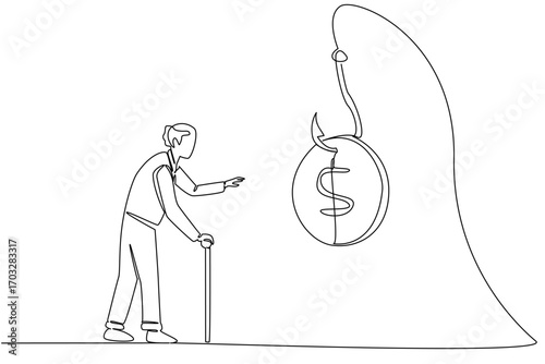 Single one line drawing grandpa chasing a hook with a dollar coin attached. Limping because of being deceived. Scam. National Senior Fraud Awareness Day. Continuous line design graphic illustration