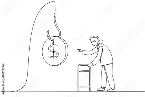 Continuous one line drawing grandma chasing hook with dollar coin attached. Fooled by illegal investment. Unfavorable. National Senior Fraud Awareness Day. Single line draw design vector illustration