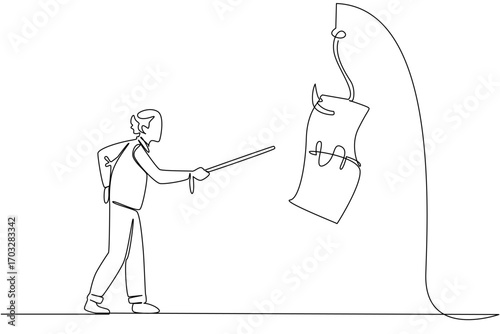 Single continuous line drawing grandpa chasing a hook with a dollar bill attached to it. Expecting loans in old age. Danger. National Senior Fraud Awareness Day. One line design vector illustration