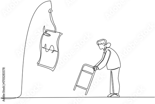 Continuous one line drawing grandma chasing a hook with a dollar bill attached to it. Tempted by fake investments. National Senior Fraud Awareness Day. Single line draw design vector illustration