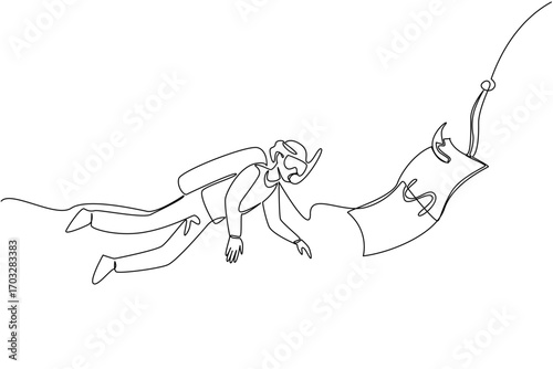 Single one line drawing grandpa dives and chases hook with dollar bills attached. Wrong investment. Lots of losses. National Senior Fraud Awareness Day. Continuous line design graphic illustration