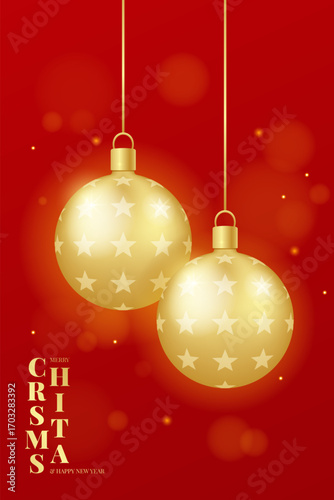 Merry Christmas vertical poster with glowing golden balls and light effects. Red, gold colors. Vector illustration for festive packaging, advertisements, presentation slides