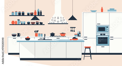 A modern kitchen illustration featuring sleek appliances and abundant counter space for culinary activities