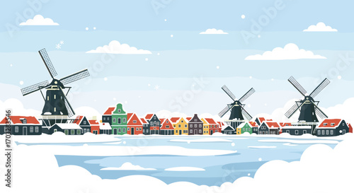 Pixel art winter scene featuring traditional windmills and a snowy village landscape