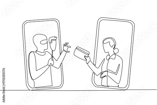 Single continuous line drawing grandma out of her smartphone and hands her credit card to a masked thief. Duplication. Fake. National Senior Fraud Awareness Day. One line design vector illustration