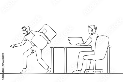 Single one line drawing grandpa typing on laptop and thief taking credit card from behind screen. Lack of awareness. National Senior Fraud Awareness Day. Continuous line design graphic illustration