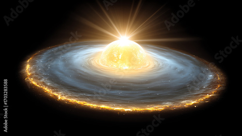 A glowing protostar surrounded by a swirling protoplanetary disk of gas and dust, illustrating early star formation in space