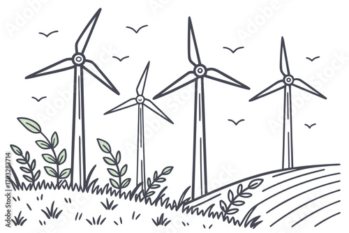 Wind turbines generating renewable energy in a rural landscape  