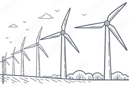 Line of wind turbines in a rural landscape with cloudy sky  