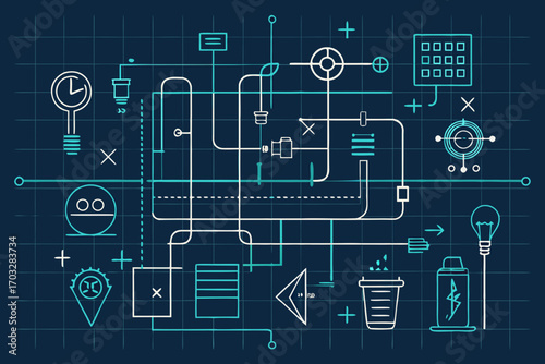 Blueprint of abstract technology elements in blue and white design  