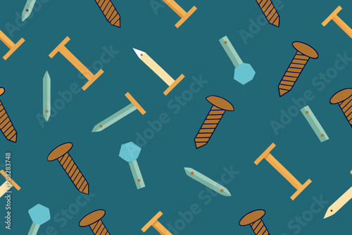 Pattern of screws and tools in various colors on teal background  