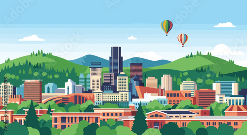 Vibrant cityscape with rolling green hills and colorful hot air balloons soaring above the urban skyline a beautiful day